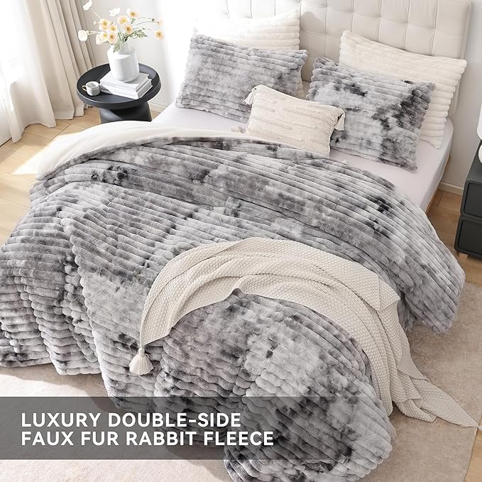 Smoofy Fluffy Full Size Comforter Sets 3 Pieces - Tie-dye Grey Fleece Fluffy Comforter Set, Luxury Fuzzy Full Bed Set, Soft Comforter Full Size All Season, Heavy Faux Fur Comforter with 2 Pillow Cases