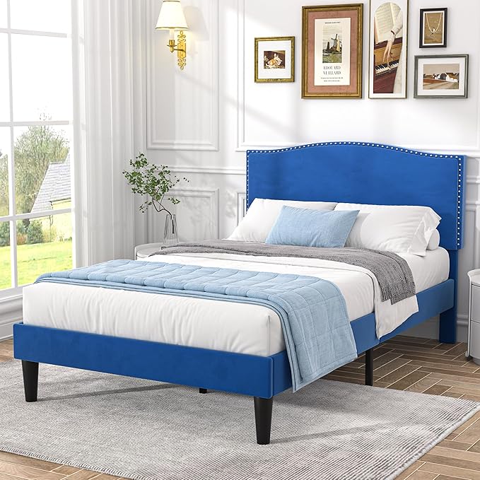 VECELO Twin Bed Frame Platform Bed Frame with Upholstered Headboard, Strong Frame and Heavy-Duty Slats Support, Non-Slip and Noise-Free, Easy Assembly,Dark Blue