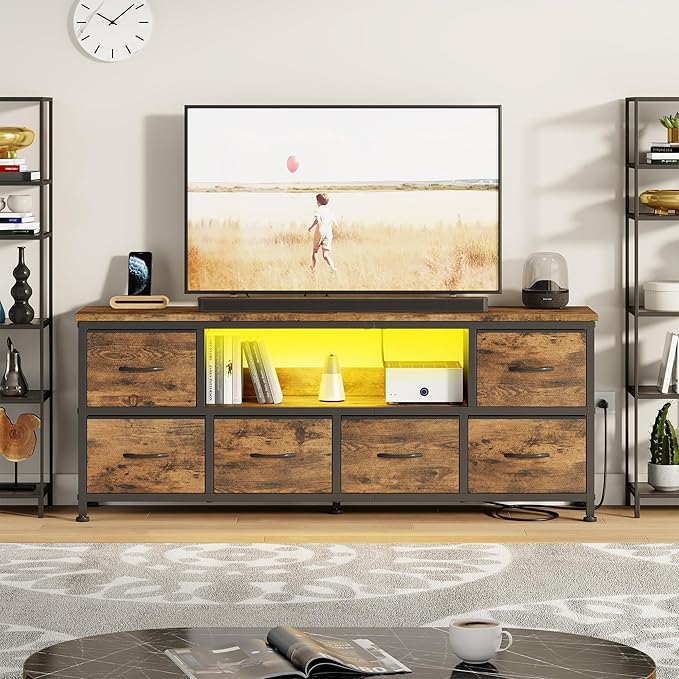 Lulive TV Stand for Living Room, LED Rustic Brown Dresser for Bedroom with 6 Fabric Drawers,43 55 60in TV Stand with Power Outlet, Entertainment Center with Open Shelf