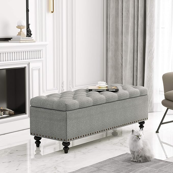 HUIMO Button-Tufted Ottoman with Storage in Upholstered Fabrics, Large Storage Bench for Bedroom, Living Room, Entryway, Bench with Safety Hinge Hold Up to 300lbs (Grey-Rivets)