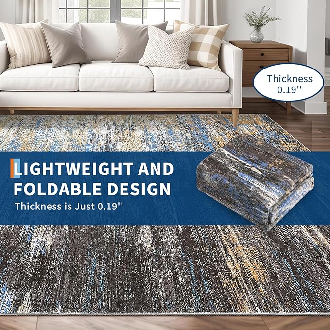 Modern Abstract Area Rug 4x6 Washable Rug for Living Room, Ultra Soft Rug for Bedroom, Non Slip Indoor Floor Carpet, Stain Resistant Rugs for Home Decor Office, Blue/Brown