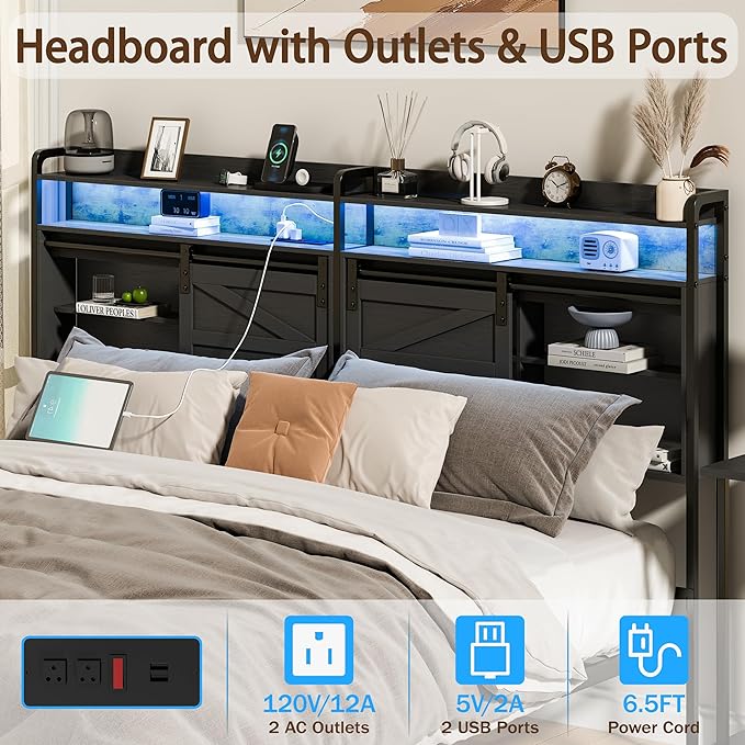 wanan King Size Headboard with Storage, 3 Tier, Outlets, USB Ports, LED Light, Sliding Barn Doors, Width Adjustable, Rustic Black