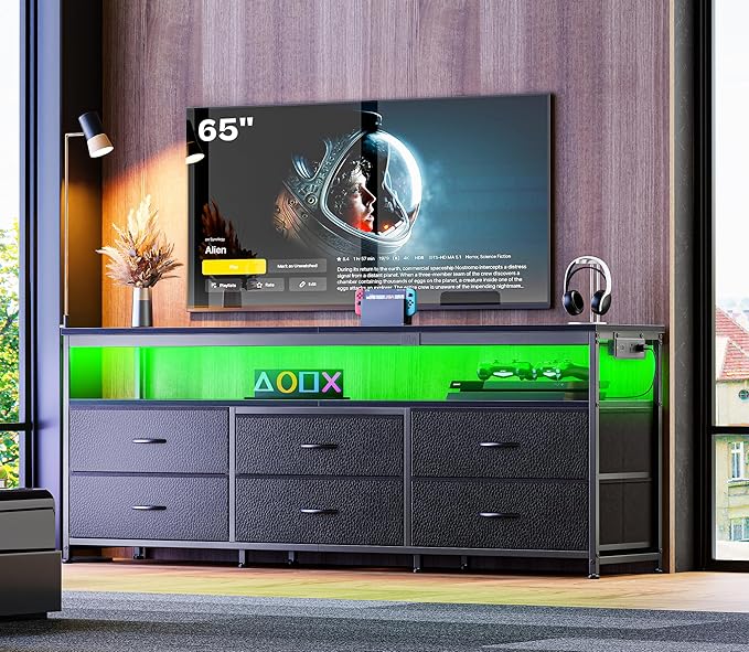 Huuger 63 Inch TV Stand for 55, 65, 70 Inch TV, Long Dresser TV Stand for Bedroom, Black LED TV Stand with Power Outlets, Fabric Drawer Dresser with Storage, Entertainment Center for Living Room