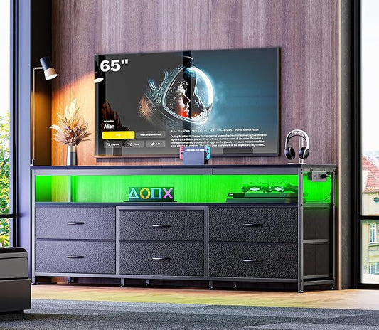 Huuger 63 Inch TV Stand for 55, 65, 70 Inch TV, Long Dresser TV Stand for Bedroom, Black LED TV Stand with Power Outlets, Fabric Drawer Dresser with Storage, Entertainment Center for Living Room