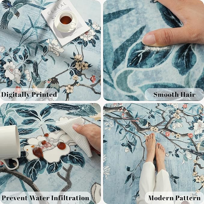 Runner Rug Chinoiserie-Style Floral Vintage Kitchen Rugs Non Slip Washable with Rubber Backing Soft Carpet for Laundry, Bedroom, Bathroom, Blue