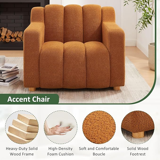 Oversized Accent Chair, Modern Living Room Chairs, Comfy Boucle Fabric Upholstered Armchair for Bedroom, Office, Waiting Room (Curry)