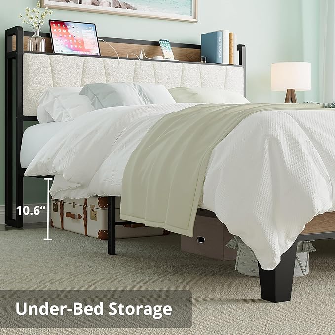 LIKIMIO Queen Bed Frames, Storage Headboard with Charging Station, Solid and Stable, Noise Free, No Box Spring Needed, Easy Assembly, Wood and Cream