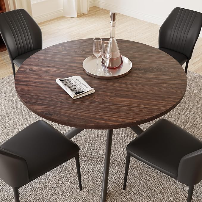45.3'' Walnut Round Dining Table Set for 4, Mid Century Modern Small Coffee Set for Dining Room Kitchen Apartment (Walnut Table + 4 Black Chairs)