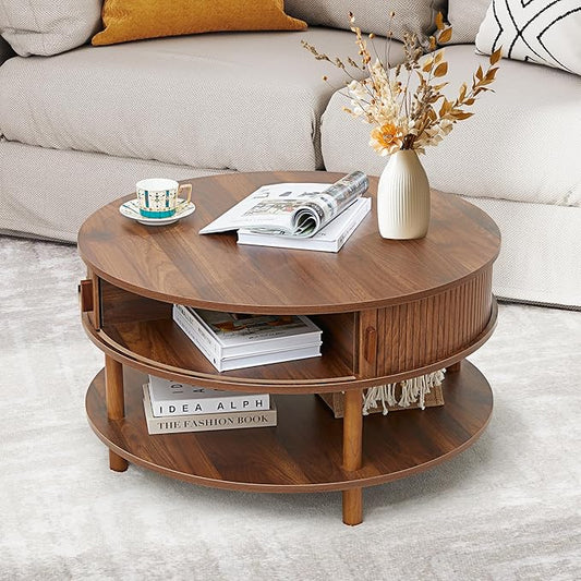 RARZOE 31.5" Round Coffee Table with Storage, Wood Circle Coffee Table with Sliding Cabinet Doors, Fluted Dining Table Accent Center Table for Living Room Home Office Apartment, Walnut