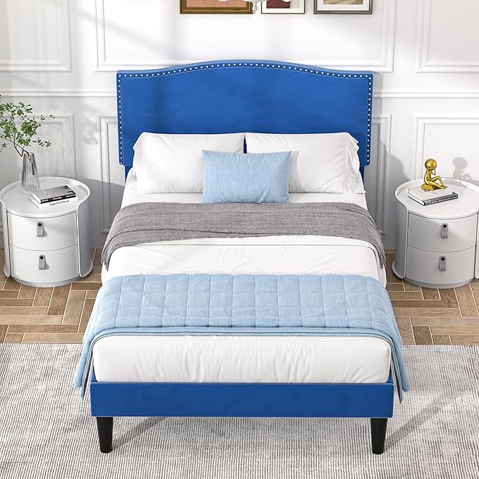 VECELO Twin Bed Frame Platform Bed Frame with Upholstered Headboard, Strong Frame and Heavy-Duty Slats Support, Non-Slip and Noise-Free, Easy Assembly,Dark Blue
