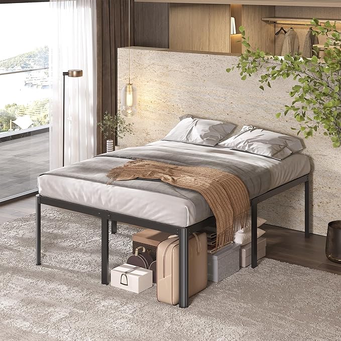 22 Inch High Full Size Bed Frame with Rounded Corner Legs, Sturdy Mattress Foundation, Heavy Duty Metal Platform Bed Frame Full No Box Spring Needed, Noise Free, Easy Assembly, Black
