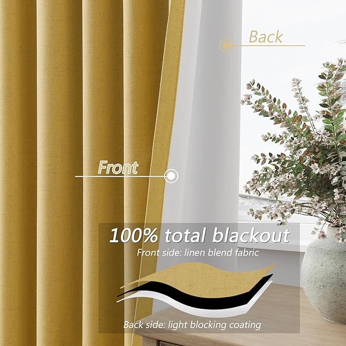 Guken Blackout Curtains 80 Inch Length 2 Panels Set for Living Room Bedroom Back Tab Thermal Insulated 100% Black Out Linen Drapes Room Darkening Window Curtains 80 Inches Long,Gold