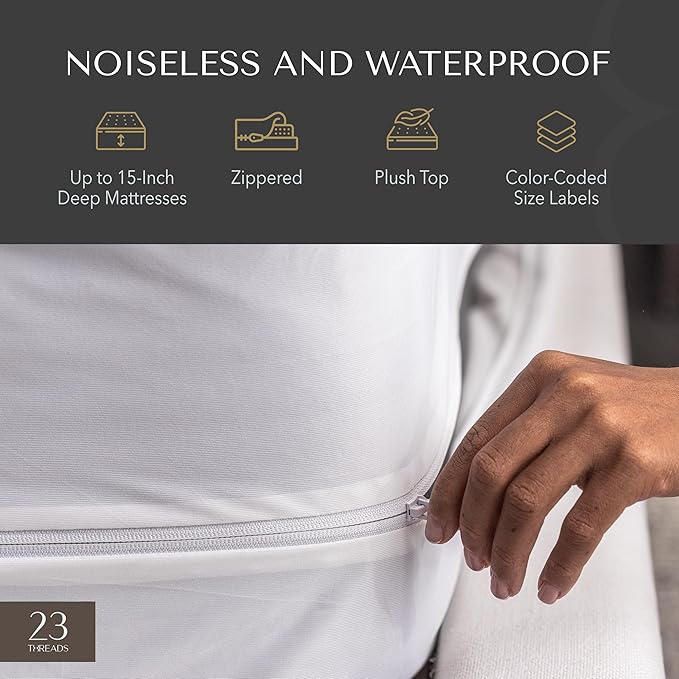 23 Threads X162 Series Soft Plush Waterproof Noiseless Mattress Encasement, Zippered Protector Cover, Washable, with Ctrl+Z Technology, 15 Inch Deep, King