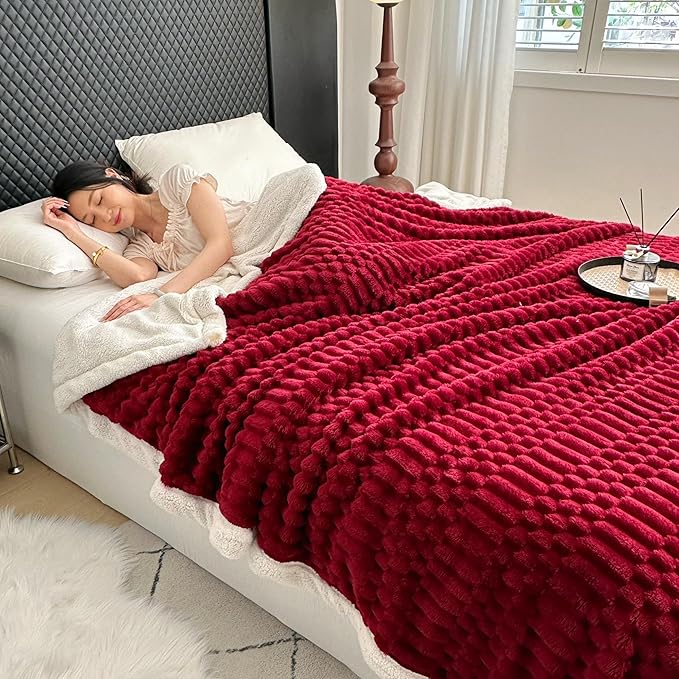 UKELER Sherpa Bed Blanket 80 × 90 inch, Ultra Soft Queen Size Throw Blanket for All Season, 470 GSM Cozy Plush Striped Fleece Blankets for Bedroom Living Room Dorm Hostel Sofa Camping, Red