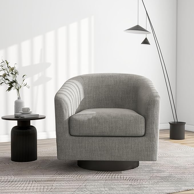 Swivel Barrel Accent Chair Set of 2, Modern Round Linen Arm Chair for Living Room, Bedroom, Comfy Club Reading Chairs for Adults, Linen Fabric-Khaki, 2 SEAT