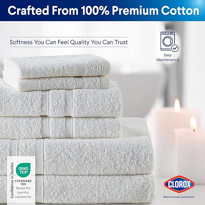 CLOROX Bleach Friendly Towel Set, Quick Dry 100% Cotton Highly Absorbent Lightweight, 2 Bath, 2 Hand, 2 Washcloth Towels Ideal for Everyday Use (6 Pack, White)