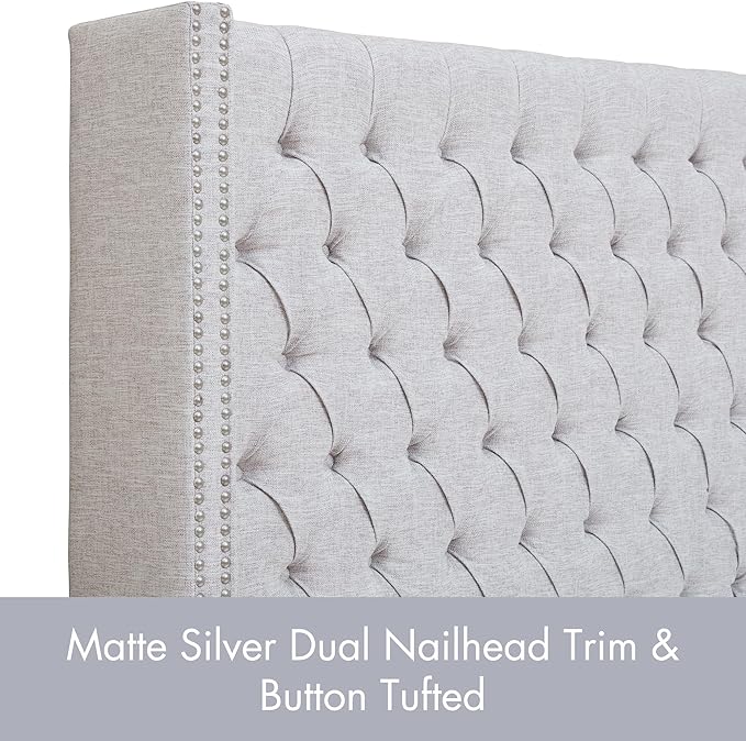 Madison Park Queen Button Tufted Headboard, Adjustable Upholstered Transitional Wingback Headboard, Nailhead Trim, Wooden Frame, Black Metal Legs, Flush Flat Back, Vintage Bedroom Décor Amelia - Grey