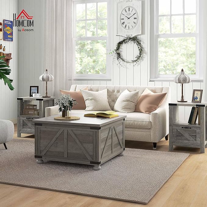 HOMCOM Farmhouse Coffee Table, 31.5" Square Coffee Table with Storage, Living Room Center Table with Hinged Flip Lift Top and Hidden Space, Distressed Gray