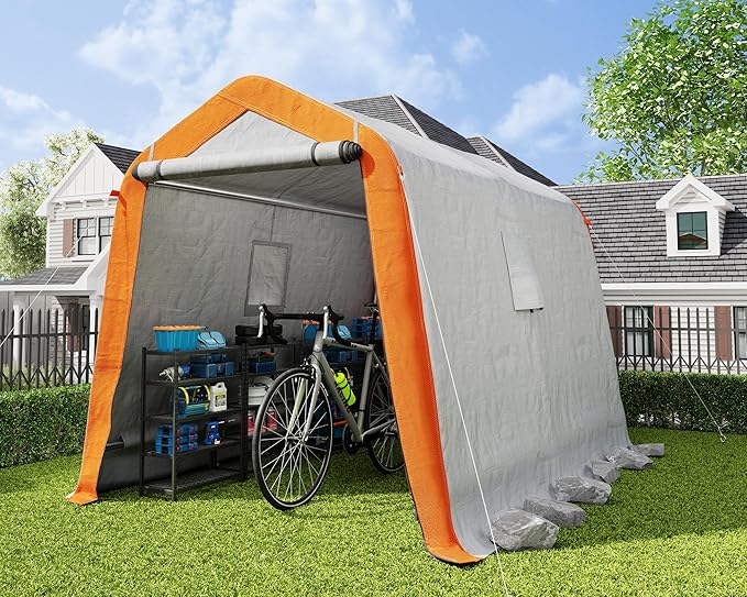 AMERLIFE 6x8x6.6 FT Heavy Duty Portable Shed Storage Shelter, Outdoor Storage Shed with 2 Waterproof Windows & Roll-Up Zipper Door, Carport for Motorcycle, Bike, Gray