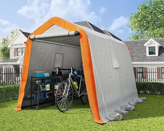 AMERLIFE 6x8x6.6 FT Heavy Duty Portable Shed Storage Shelter, Outdoor Storage Shed with 2 Waterproof Windows & Roll-Up Zipper Door, Carport for Motorcycle, Bike, Gray