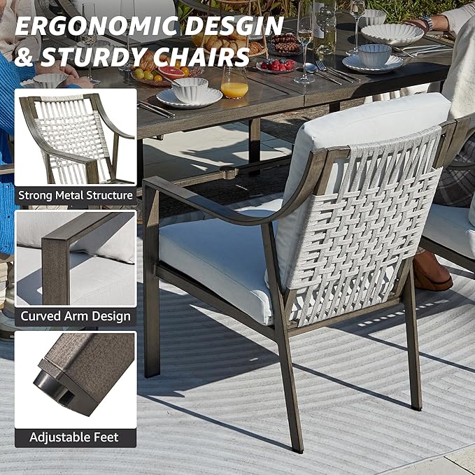 NATURAL EXPRESSIONS 7 Piece Patio Dining Table Outdoor Furniture Set for 6, 4Pcs Fixed and 2Pcs Swivel Patio Dining Chairs with Olefin Cushions, 65”Large Dining Table with Umbrella Hole