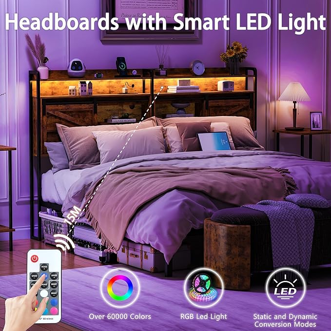 wanan Headboard King Size with Storage, 3 Tier Size Headboard only with Outlets, USB Ports and LED Light Strip, Headboards with Sliding Barn Doors, Adjustable Shelf (Brown, King (U.S. Standard))