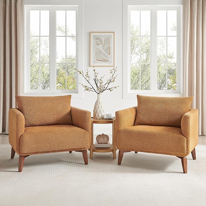 Oversized Accent Chair Modern Boucle Armchair for Living Room Sets of 2 - 37" Wide & Cozy Reading Accent Chair with Solid Wood Legs, Curry Upholstered Lounge Chair for Bedroom & Office (Easy Assembly)