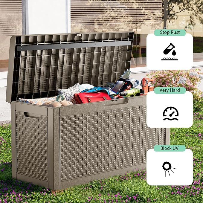 60 Gallon Resin Deck Box, Lockable Outdoor Storage Box for Patio Cushions Storage Furniture,Garden Tools, Pool Supplies, Weatherproof and UV Resistant (Grey Rattan)