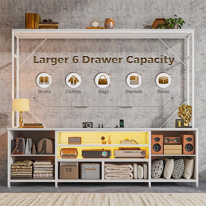 TV Stand for 55 60 inch TV, Large Wall Unit Entertainment Center with LED Lights & Power Outlets, TV Stands for Living Room, Closet, Entryway,13.8" D x 55" W x 61" H, White