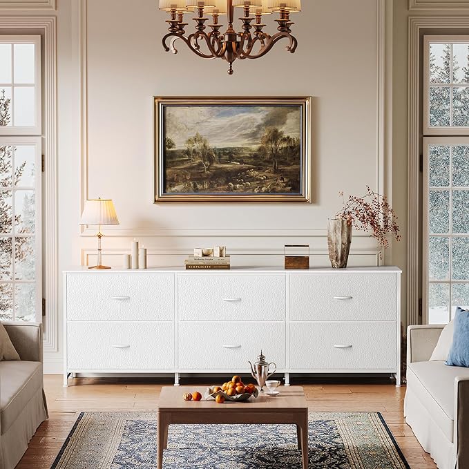 Huuger 63 Inch Long Dresser for Bedroom, Wide TV Stand for 55, 65, 70 Inch TV, 6 Drawer Dresser for Closet with Fabric Drawers, Storage Organizer for Bedroom, Entryway, PU Leather, White