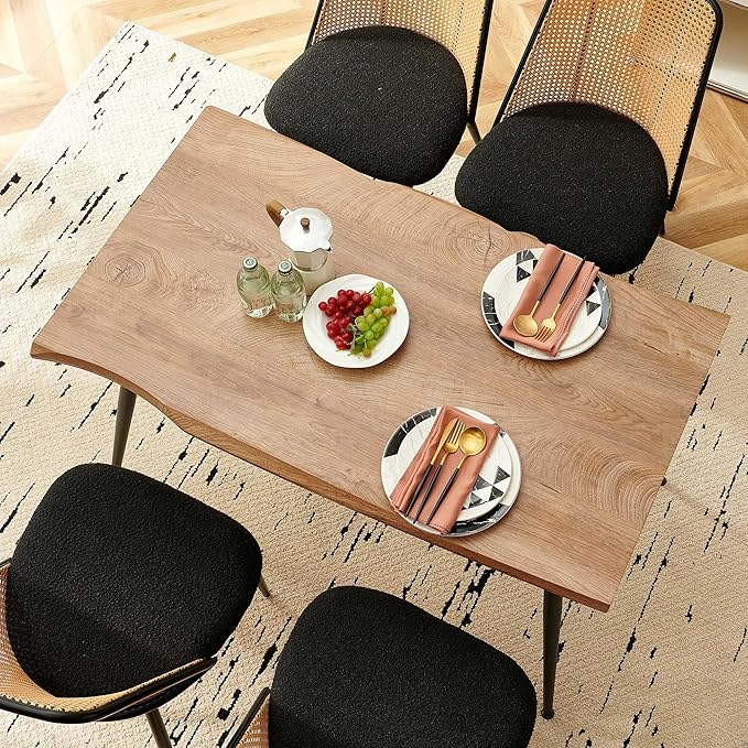 47-Inch Rectangular Dining Table Set for 4, 5 Pieces Kitchen Table Set with 4 Seater Dining Chairs Upholsetered Boucle Room Chairs Curved Rattan Backrest for Kitchen Apartment Restaurant