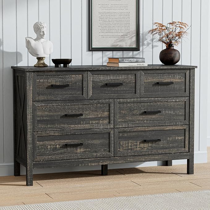LYNSOM Farmhouse 7 Drawers Dresser for Bedroom, Wood Rustic Wide Chest of Drawers with Deep Drawers, Metal Handle, Storage Dressers Organizer for Entryway, Hallway, Dark Rustic Oak