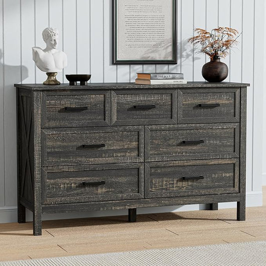 LYNSOM Farmhouse 7 Drawers Dresser for Bedroom, Wood Rustic Wide Chest of Drawers with Deep Drawers, Metal Handle, Storage Dressers Organizer for Entryway, Hallway, Dark Rustic Oak