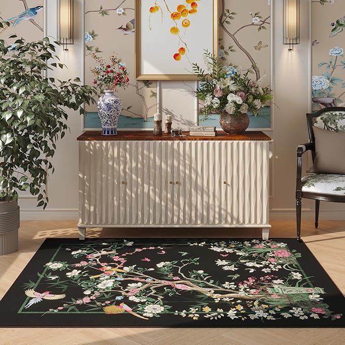 3x5 Washable Rug Chinoiserie-Style Floral Vintage Area Rug Non Slip Low Pile Small Carpet for Bedroom, Bedside, Kitchen, Entryway, Kids Room, Office, Black