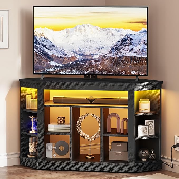YITAHOME CornerTV Stand for 55 Inch TV, Modern Black TV Stand with Wheels for PS5, LED Gaming Entertainment Center with Power Outlets, Gaming TV Console Cabinet, Black Carbon Fiber