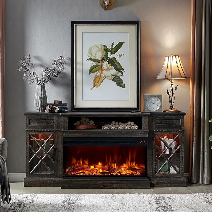 OKD 70'' TV Stand with 36'' Electric Fireplace, Media Entertainment Center for TVs Up to 80'', Modern Farmhouse 3-Sided Glass TV Stand with 3 Color Lights & 5 Flame Speeds, Dark Rustic Oak
