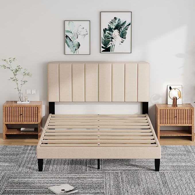 Full Size Bed Frame with Headboard,Fabric Upholstered Platform Bed Frame with Wooden Slats Support,No Box Spring Needed/Non-Slip Without Noise/Easy Assembly, Beige