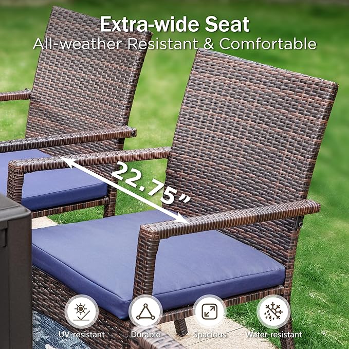 PHI VILLA 7 Pieces Outdoor Round Dining Set for 6, Large Wrought Iron Dining Table with Umbrella Hole & Cushioned Wicker Rattan Chairs, Dining Furniture Set for Patio, Deck, Yard, Porch