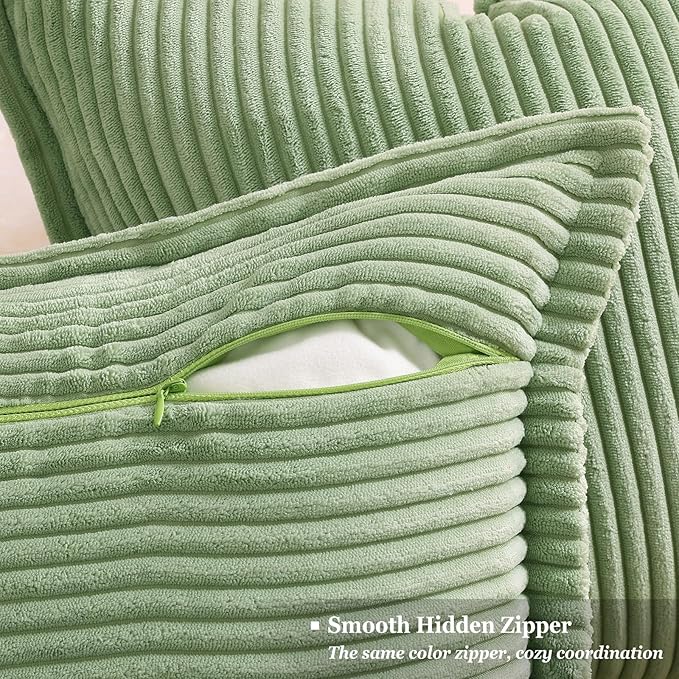 decorUhome Corduroy Sage Green Throw Pillow Covers 12x20 Set of 2 Decorative Soft Boho Striped Lumbar Neutral Euro Farmhouse Couch Pillow Covers with Broadside for Living Room Bed Sofa