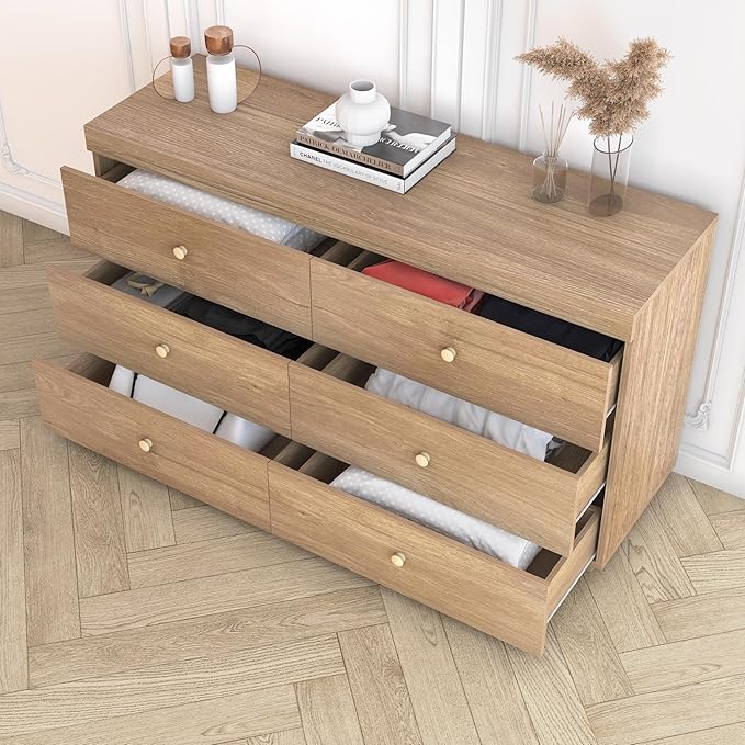 Dresser for Bedroom 6 Drawer Wood Dresser 58.3" Wide, Large Chest of Drawers for Bedroom, Living Room, Hallway, Entryway, Modern TV Stand Drawer Organizer, Light Oak