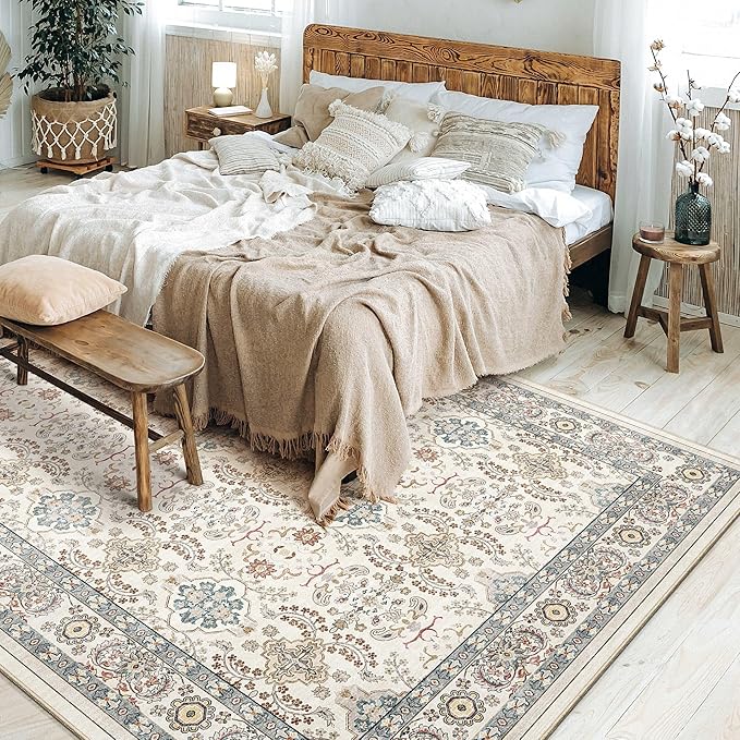 Area Rugs for Living Room: 9x12 Washable Rug Vintage Boho Floral Print - Ultra Thin Stain Resistant Large Soft Non Slip Foldable Carpets for Bedroom Dining Room Office Nursery - Multi