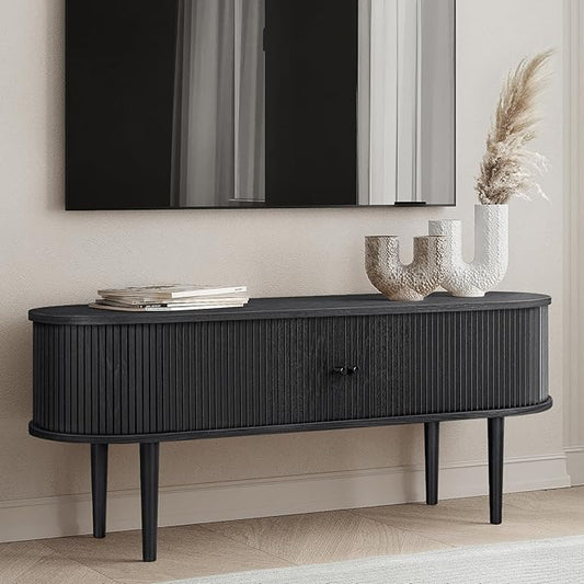 WERMO 55’’ Black TV Stand with Storage and Shelves for 32-60 Inch TVs. Black Entertainment Center with Doors for Living Room and Bedroom, Mid Century Modern Console Table, Media Cabinet (Black Oak)