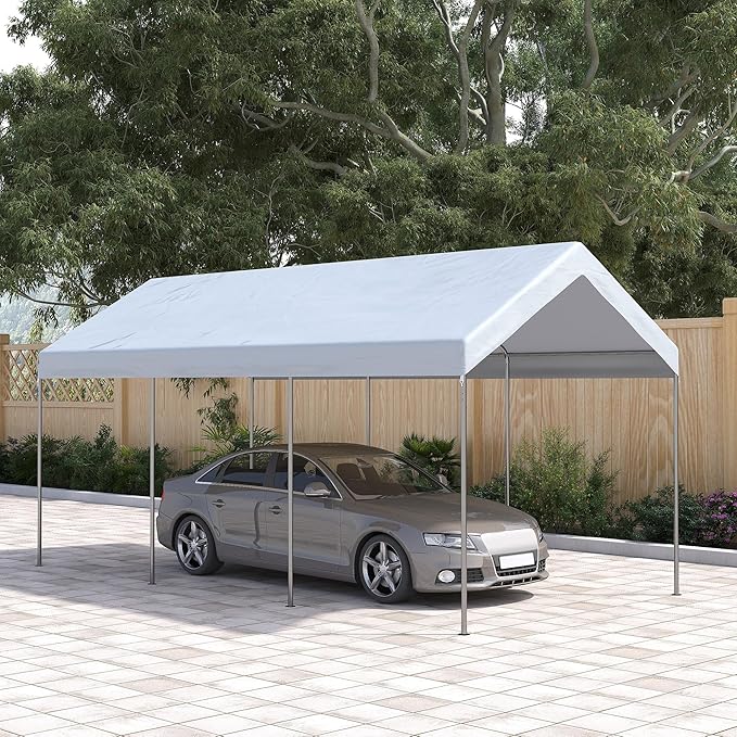 Outsunny 10' x 20' Party Tent and Carport, Height Adjustable Portable Garage, Outdoor Canopy Tent 8 Legs Without Sidewalls for Car, Truck, Boat, Motorcycle, Bike, Garden Tools, White