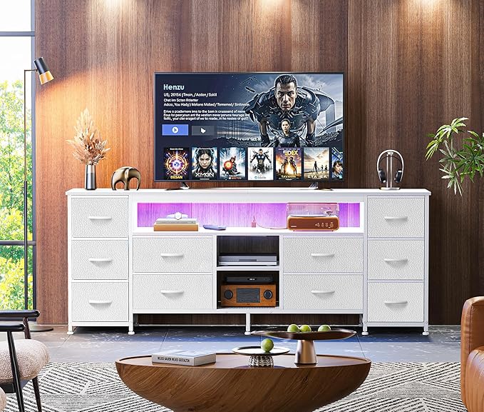 Huuger 63 Inch LED TV Stand Dresser with Power Outlets, USB-C Port and LED Lights, 10 Fabric Drawer Dresser for Bedroom, Long Entertainment Center for 65, 70 Inch TV, Open Shelves, PU Leather, White