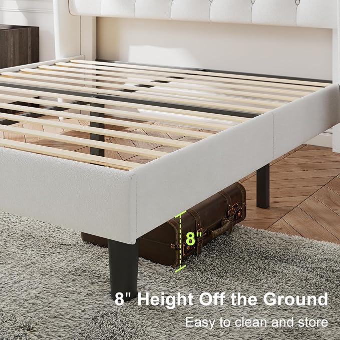 Feonase Full Size Bed Frame with Upholstered Wingback Headboard, Platform Bed and Heavy Duty Wooden Slats Support, Easy Assembly, Noise-Free, No Box Spring Needed, White