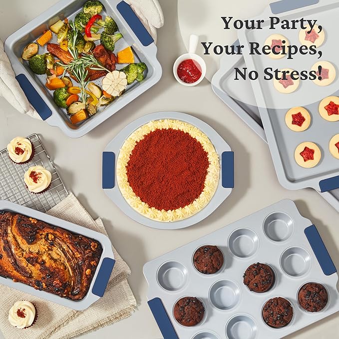 BRONYPRO Nonstick Ceramic Bakeware Set (9 Pieces),Heavy Duty Aluminized Steel Bakeware-Baking Pans Set with Silicone Handles,Includes Sheet Pans,Loaf Pan,Muffin pan,Cake pans,PTFE & PFOA Free - Blue