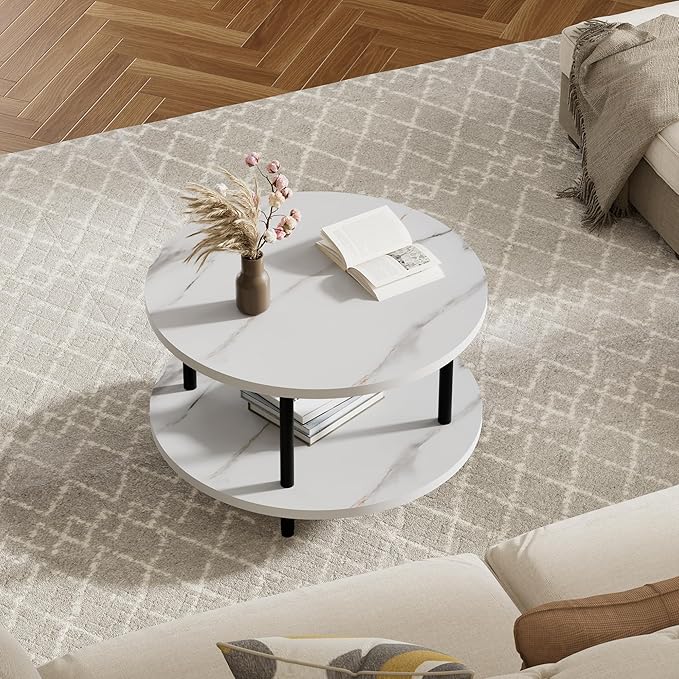 Round Coffee Table, 23.6" Circle Coffee Table for Living Room, 2-Tier Wood Accent Center Table with Open Storage Industrial Design Home Furniture, White