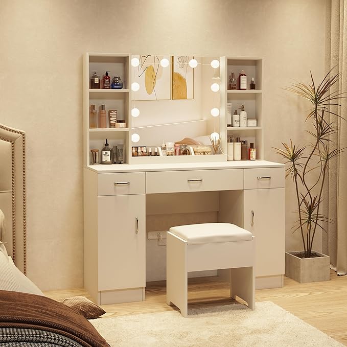 Makeup Vanity Desk with Lights, White Vanity Set Makeup Table with 3 Drawers, 2 Cabinets and Multiple Shelves, Large Vanity 45inch