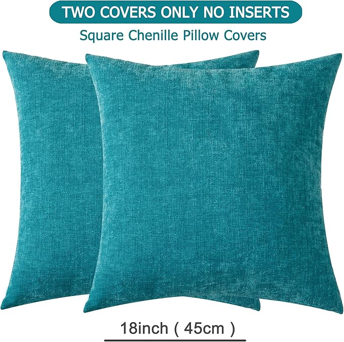 GAWAMAY Decorative Square Throw Pillow Covers 18"x18" Inch Set of 2, Super Soft Chenille Pillows Cover Fall Pillowcase for Living Room Bedroom Sofa Couch Cushion Cover Teal 45x45cm (No Insert)