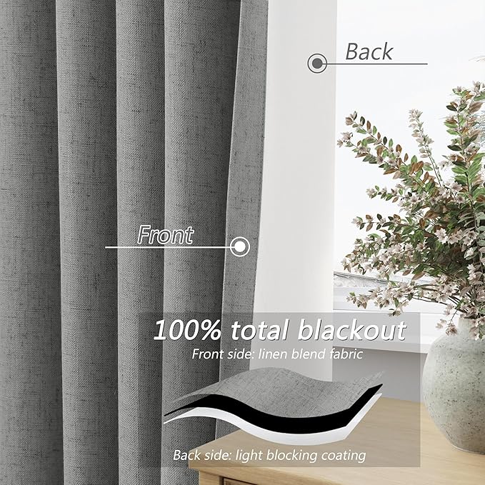 Guken 100% Blackout Linen Curtains 90 Inch Length 2 Panels Set for Living Room Bedroom Back Tab Thermal Insulated Black Out Linen Drapes Room Darkening Window Curtains,Dark Grey
